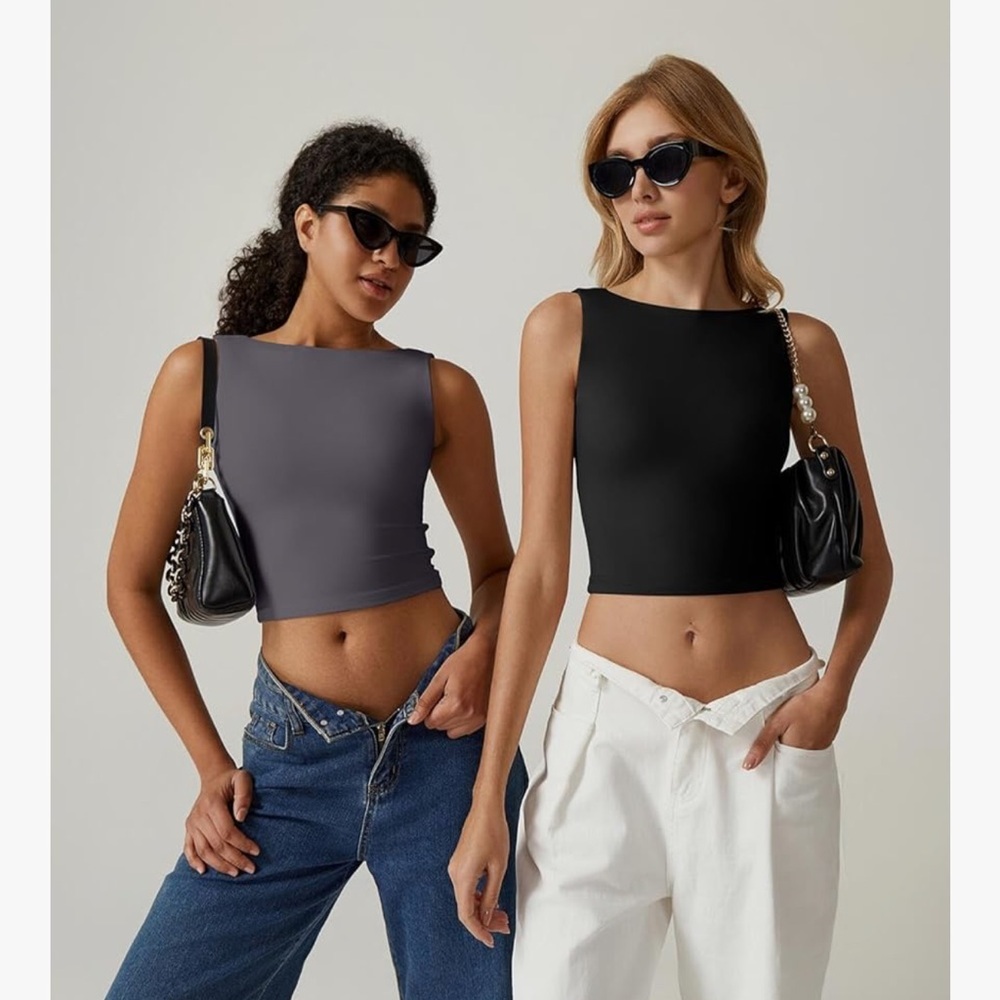 Women's Sexy‎ Open Back Sleeveless Crop Tank High Neck Slim Fit Cropped Top Y2K - Picture 6 of 8